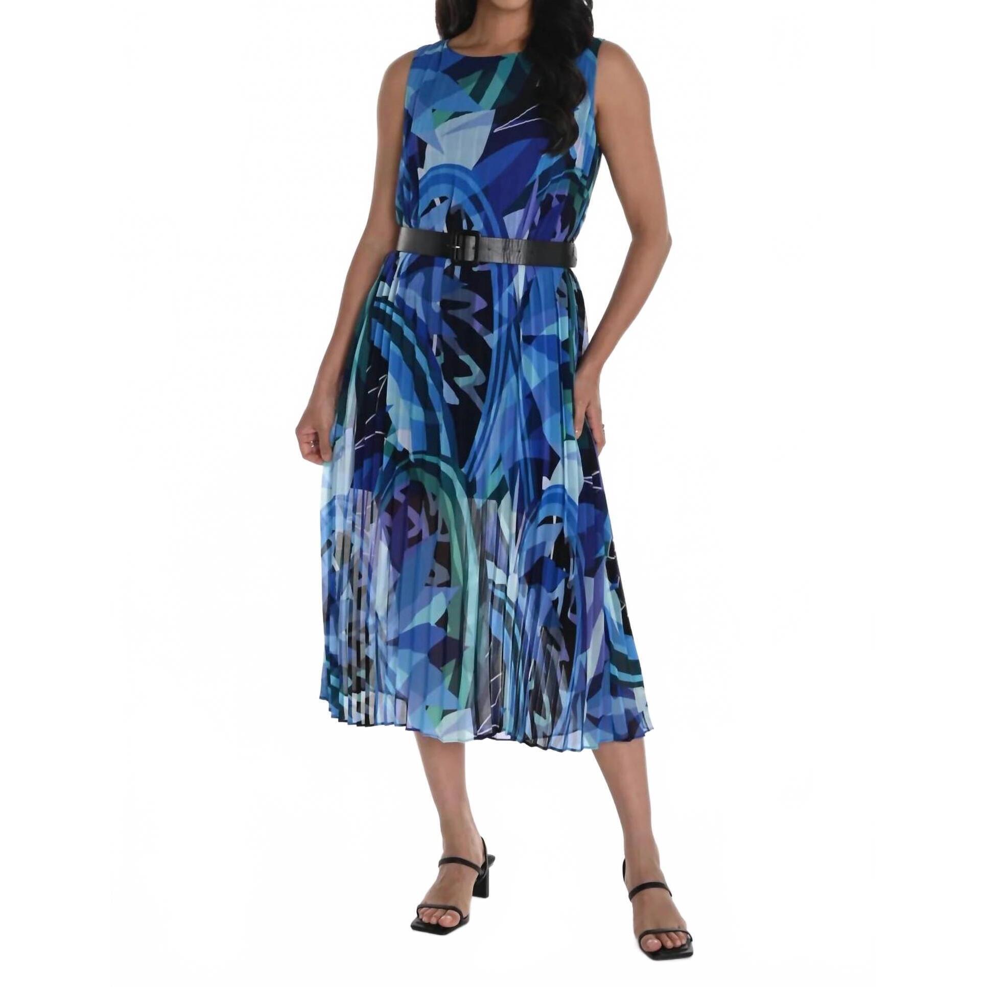 New Frank Lyman Pleated Chiffon Belted Midi Dress In Blue/Multi